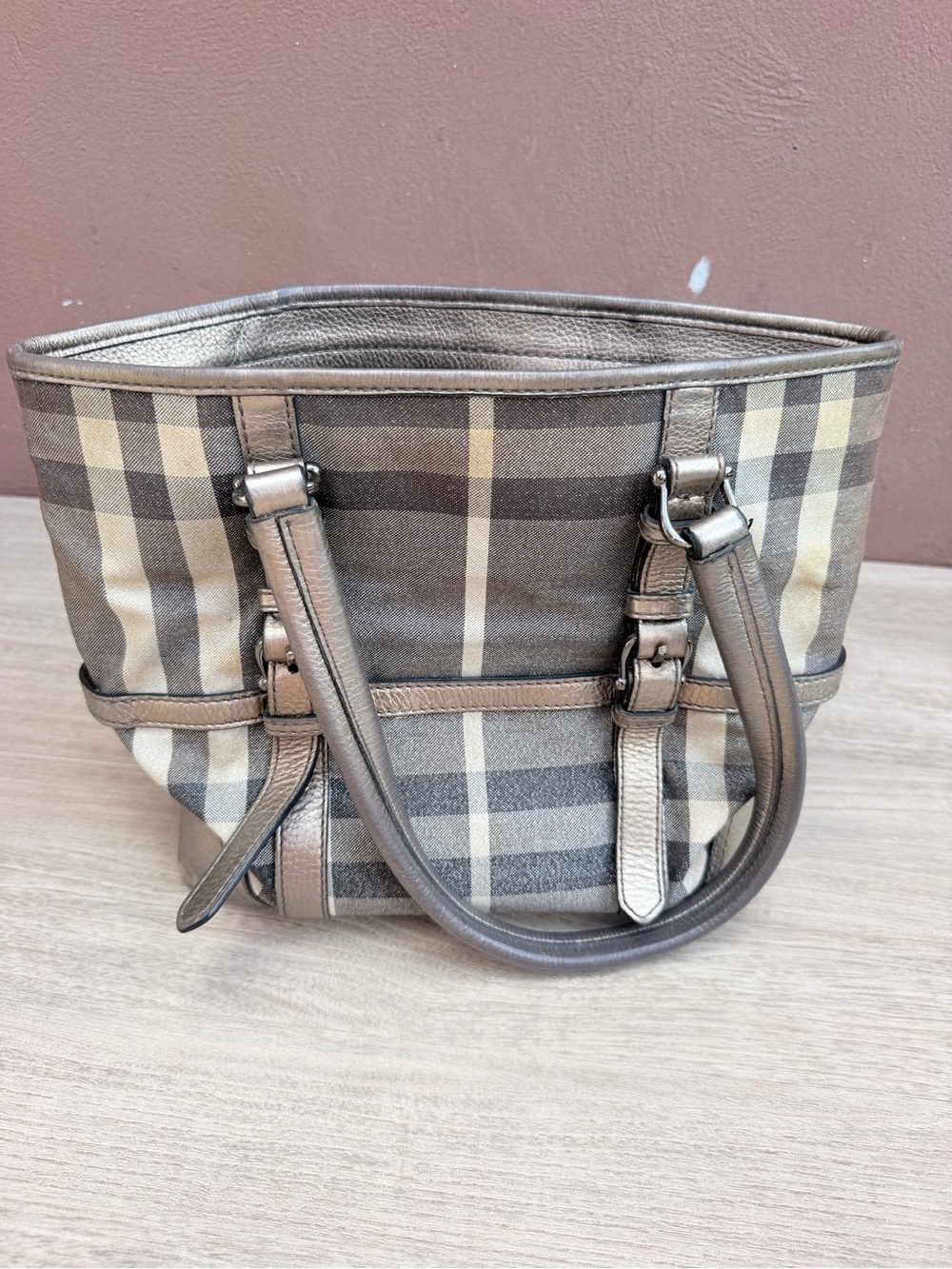 Burberry Plaid Tote in Beige and Brown with Metallic Trim